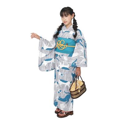 Fuuka Yukata for Kids 2 White In [Fuuka] Children, Girls, Set, Pieces, Obi, 130cm, Cat, Turquoise, Blue, (Heko Obi/Made Japan/Turquoise) 05-130-B167