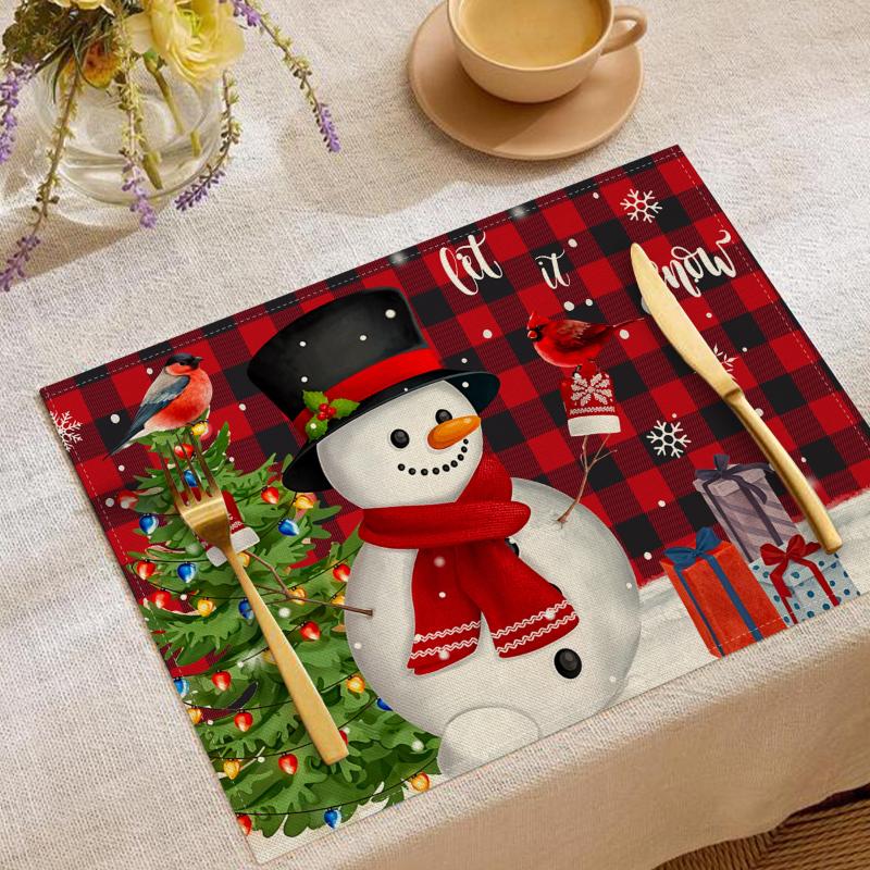 5Pcs Christmas Buffalo Plaid Placemats And Table Runner Set Cute Snowman Print Heat Resistant For Christmas Decoration