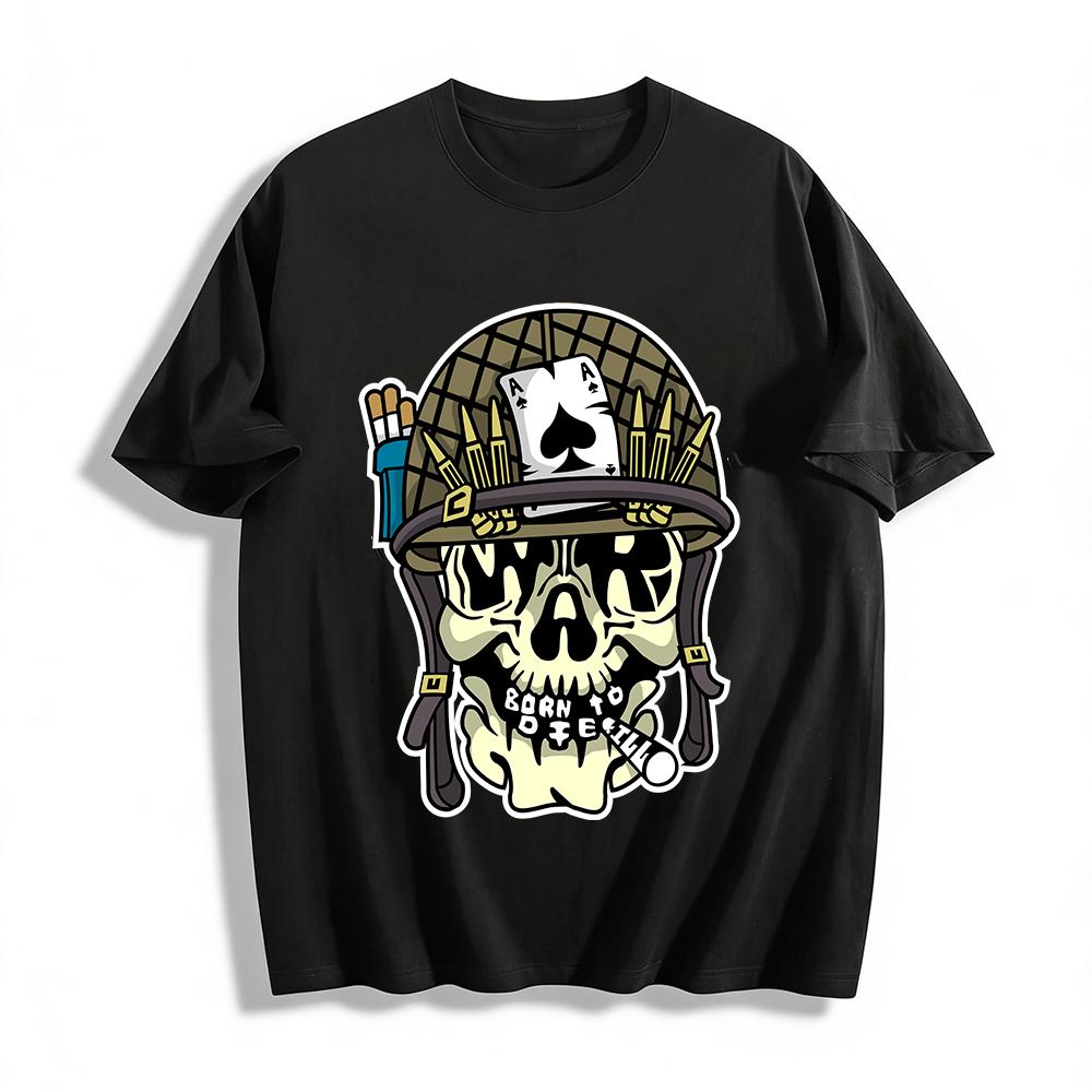 Born To Kill Military Skull Graphic Tee Edgy Streetwear Casual Top Pure Cotton T-shirt
