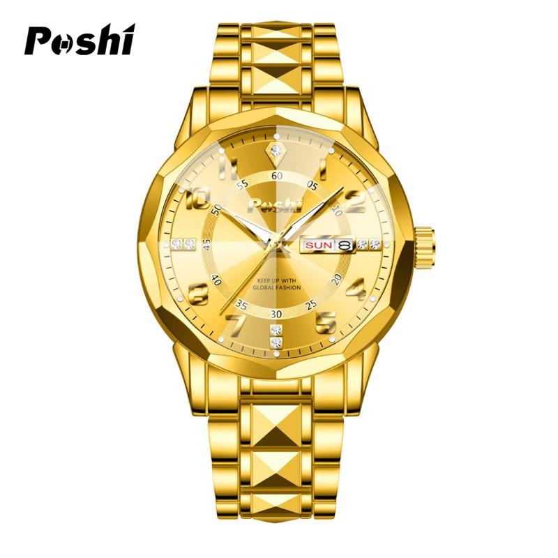 

Men s watch waterproof luminous double calendar business gold watch men s quartz watch