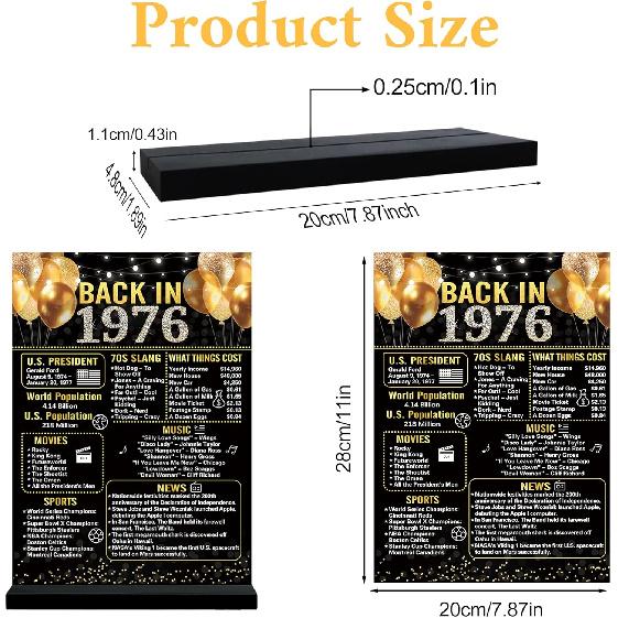 Trgowaul 50th Birthday Decorations Women Men, Black Gold Back In 1976 Birthday Poster Acrylic Table Sign with Stand, 50 Anniversary Decor Gifts for