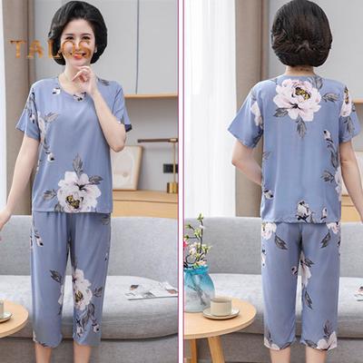 2 pezzi/set pigiama da donna di mezza età set o collo stampa floreale manica corta elastico in vita pieghettato sciolto sottile gamba larga morbido madre nonna pigiama top