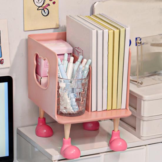 Bear Bookend Organizer with Multi-Tier Shelves Cute Desktop Bookshelf for Office Dorm Room Space-Saving Plastic Storage Rack for Book Files & Supplies