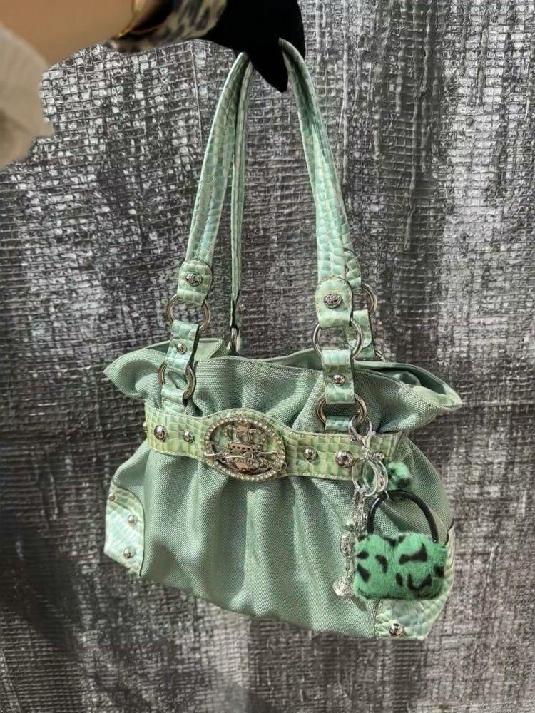 Sweet Cool Green Underarm Bag Y2k Hot Girls Pu Leather Large Capacity Shoulder Tote Bag Women Fairycore Aesthetic Handbag Chic