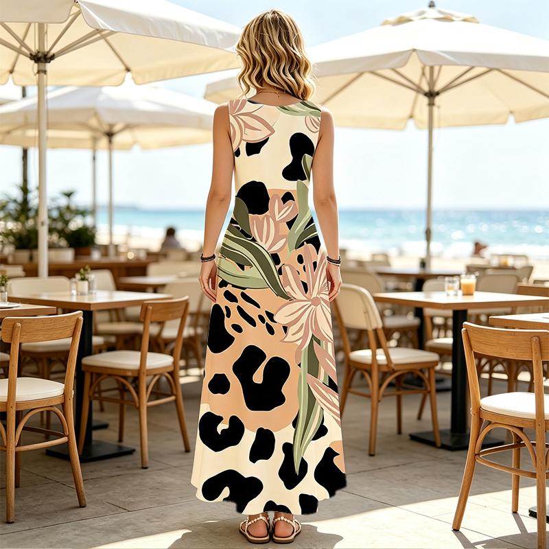 U-Neck Floral Leopard Print Sleeveless Maxi Dress Lightweight Flowy Voluminous Skirt,Flattering to Hide Curves,Elegant for Daily Casual & Vacation