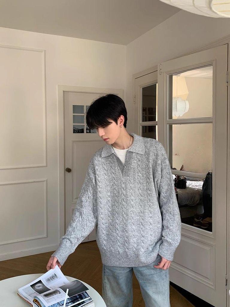 Men's Korean Style Two-Piece Lapel Pullover Knit Sweater - Winter Loose Fit, Casual Outerwear