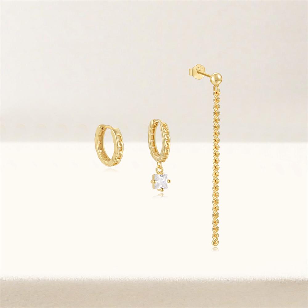 Fashion Jewelry 925 Sterling Silver Round Long Tassel Chain Square Zircon 3 Piece Set Gold Plated Hoop Earring Jewelry for Women