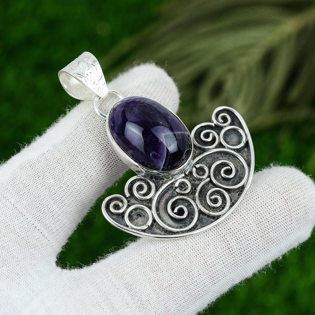 Sisters Day Sale Oval Chevron Amethyst Gemstone 925 Silver Bezel Pendant Jewelry