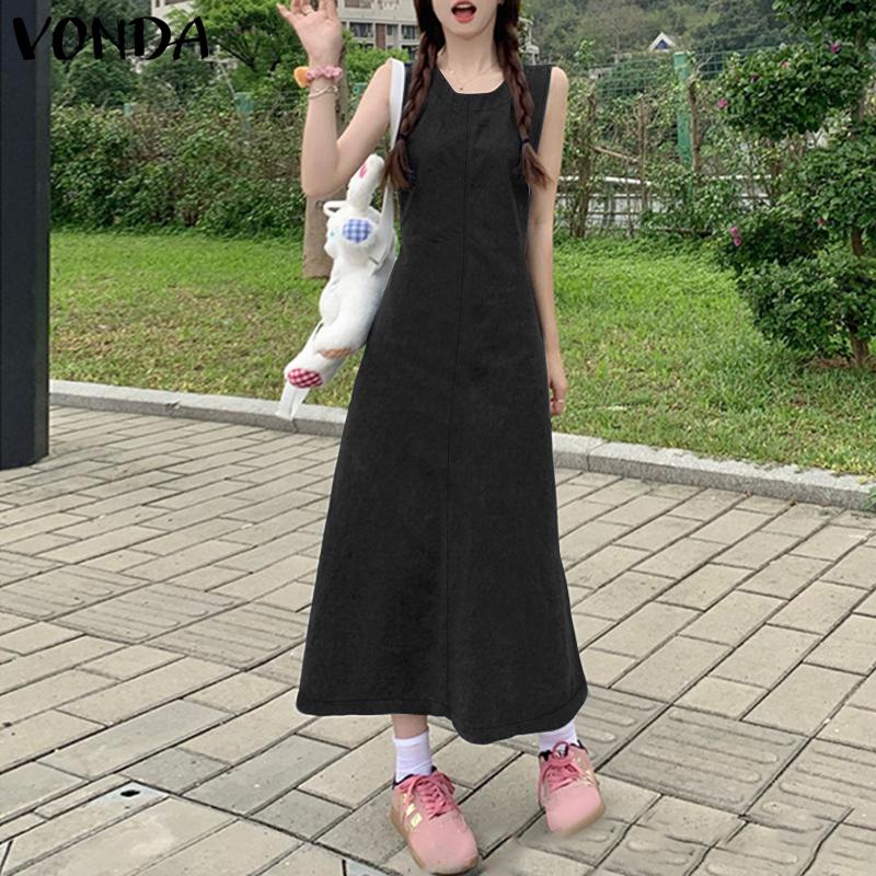 VONDA Women Round Neck Sleeveless Backless Drawstring Casual Long Dress