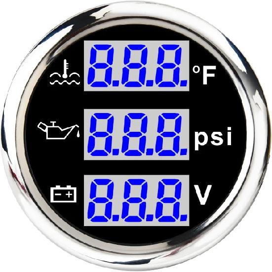 52MM 3 IN 1 Digital Gauge Water Temperature ℃/℉Oil Pressure Bar/PSI Voltmeter For Car Boat 12V/24V With Blue Backlight