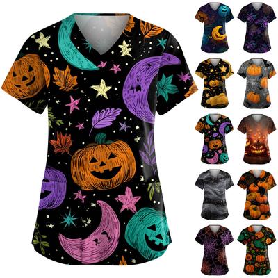 Women's Fashion V-Neck Short Sleeve Overalls With Pockets Halloween Printed Tops  Apparel