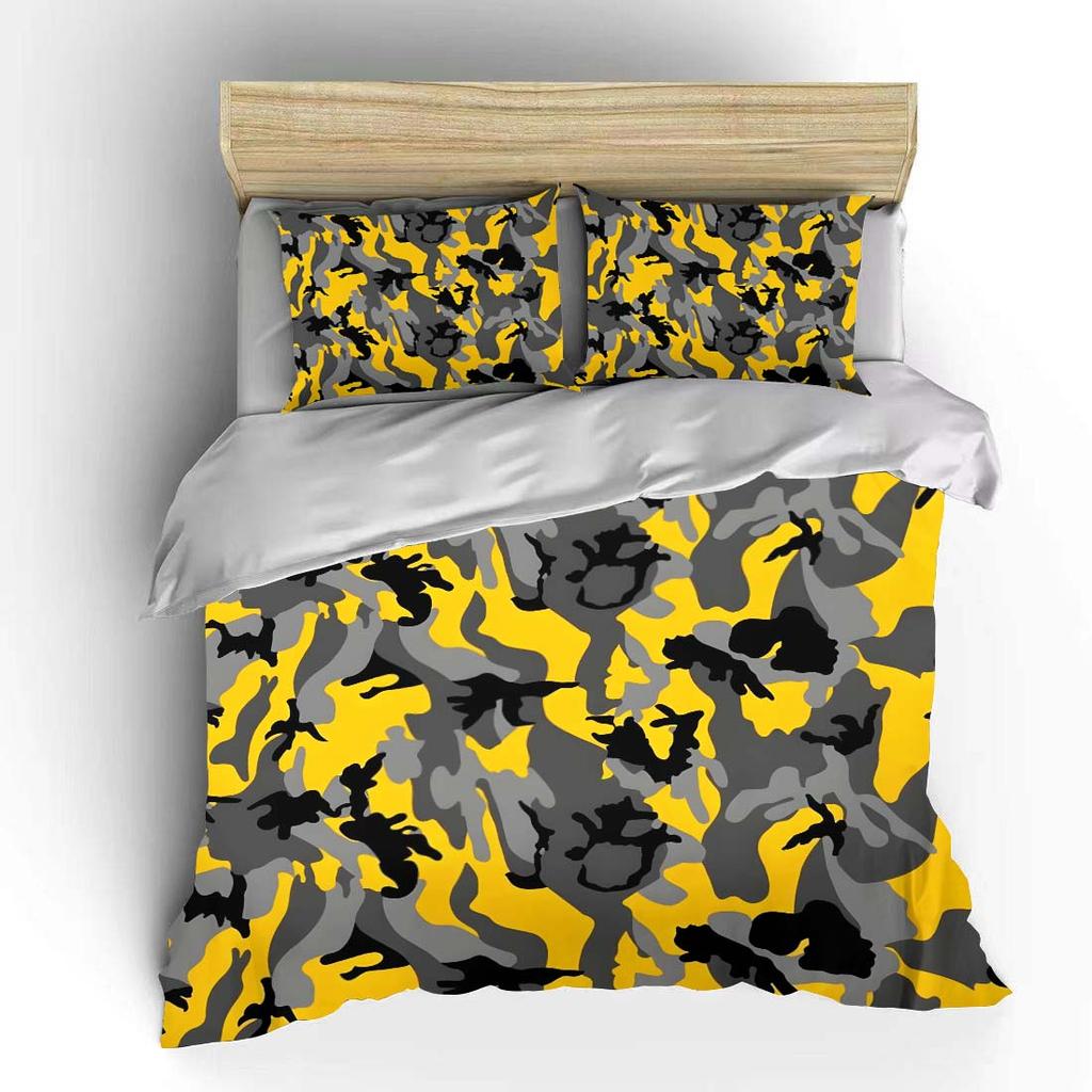 Yellow Background with Black-gray Camouflage Bedding Set for Kids Luxury Gift 3pcs Digital Print Comforter Set Soft Comfortable