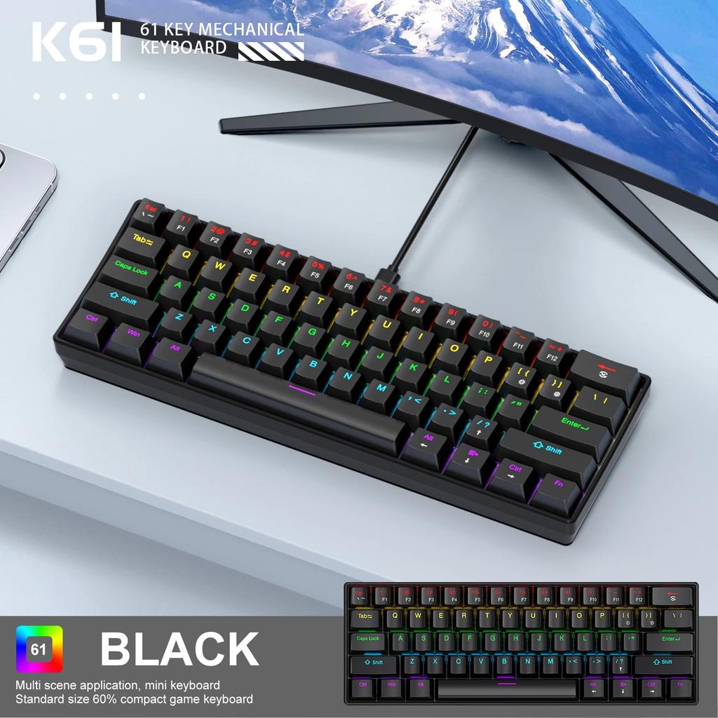 2026 New 60% Portable Wired Mini Mechanical Keyboard K61 Mini Keyboard Wired 61 Keys Phantom RGB,Black White Red Red/Blue Switch