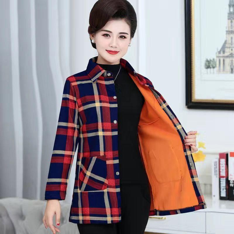 Camisa a cuadros gruesa y cálida de talla grande para mujer Camisa informal de cuello alto de talla grande Camisa larga y cálida