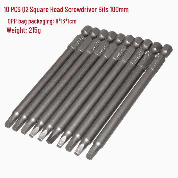 10-Piece S2 Alloy Steel SQ2 Square Screwdriver Bit Set with 1/4" Hex Shank