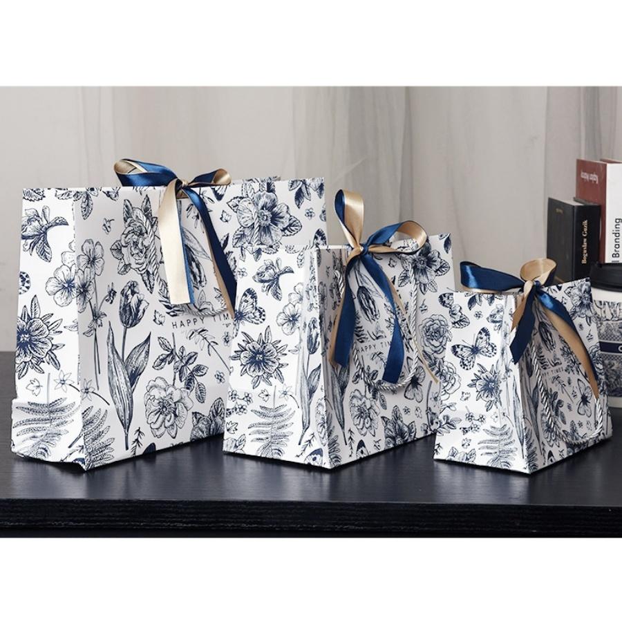 3pcs gift packaging bags vintage blue white paper bags gift bags handbag packaging bags S