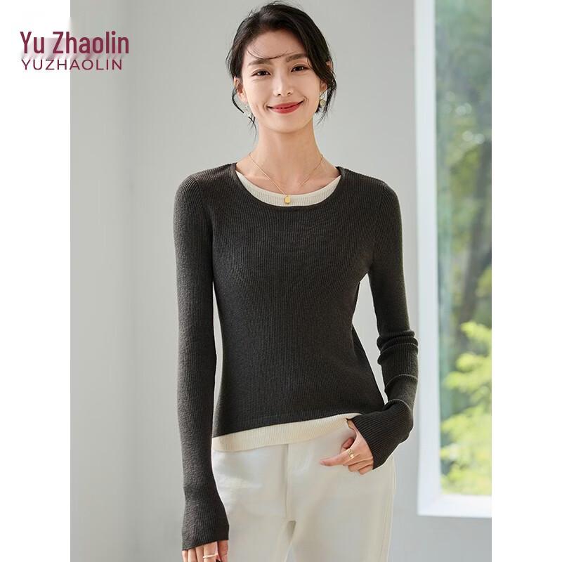 YUZHAOLIN Women's Color-Block Faux Two-Piece Knit Sweater