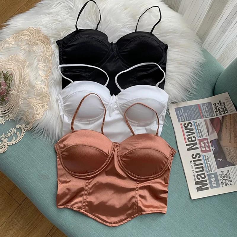 2025 Women Sexy Crop Top Solid Spring Summer New Pleated Satin Tanks Top With Bra Pad Beach Camis Spaghetti Backless Casual Top
