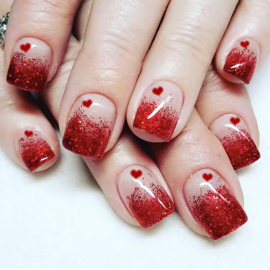 24pcs/set short Medium fake nails square ballet almond nail tips pink beautiful heart for Valentine's Day press on false nails