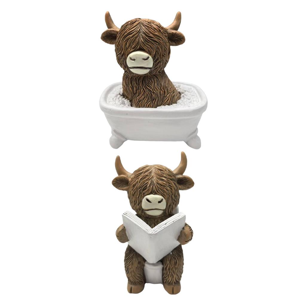 Highland Cow Figurine Collection Art Crafts Resin Creative Bath Decor Decorative Statue for Shelf Cabinet Office Desk Bookshelf
