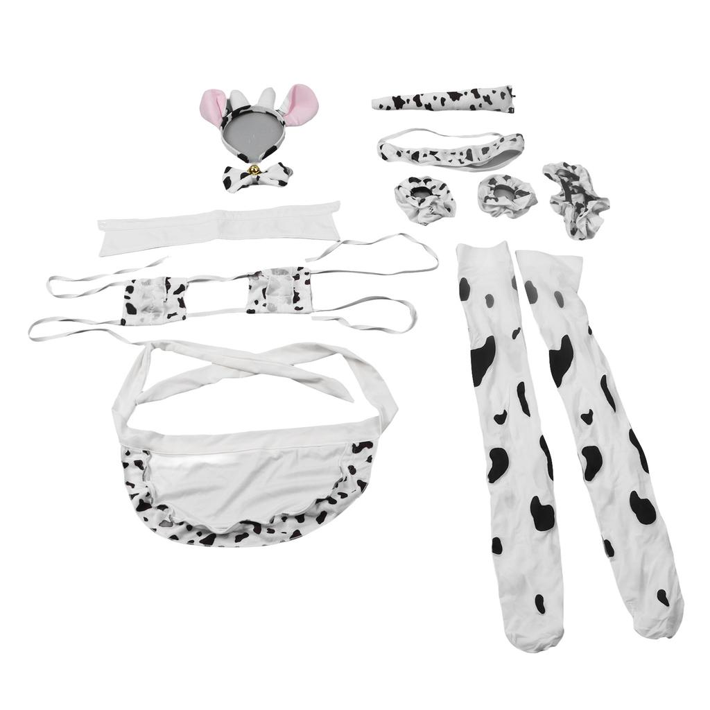 Damen Cosplay Set Niedlicher Kuh-Stil Rollenspiel Uniform Kopfbedeckung Unterwäsche Taillenband Schürze Bekleidungsset Weiß Einheitsgröße