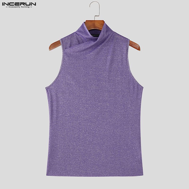 INCERUN Herren Hochgeschlossenes Ärmelloses Einfarbiges Glitzer Figurbetontes Lässiges Tanktop Weste