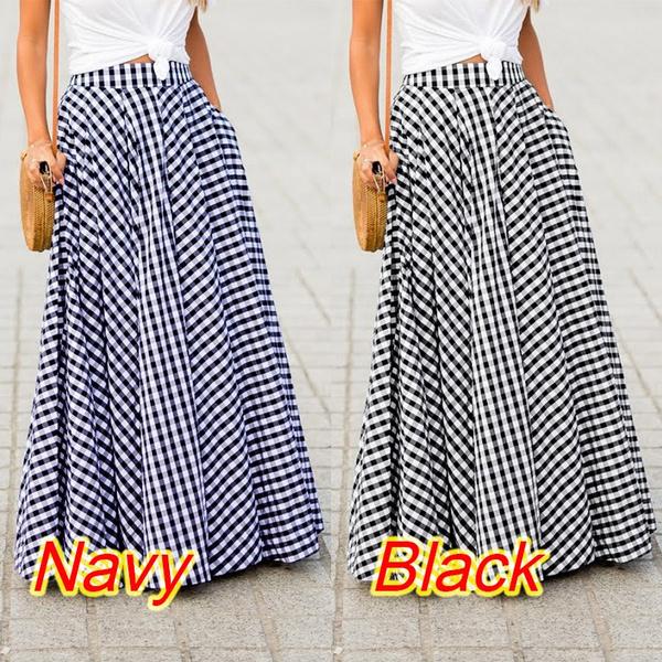 S-5XL Fashion Women High Waist Pleated Maxi Skirts Pockets Plaid Long Dress