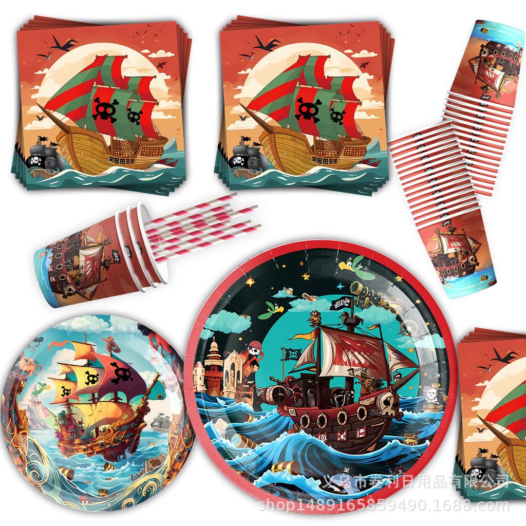 Pirate Ship Theme Party Decoration Pirate Party Banner Flag Paper Plate Paper Cup Tissue Tablecloth