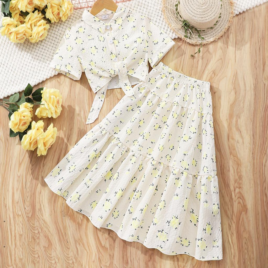 Completo estivo per bambina: Set Due Pezzi Elegante e Fresco: Camicia Stampata a Maniche Corte con Colletto + Gonna Taglie Forti