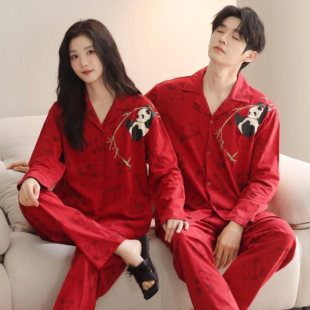 Red Turn-Down Collar Couple Pajamas - Long Sleeve, Plus Size, Korean Style Festive Homewear