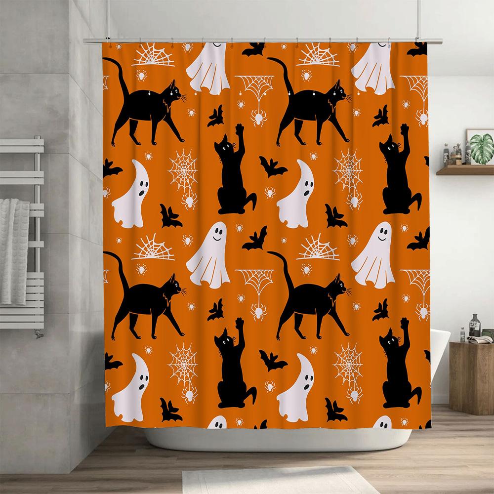 Halloween-themed Shower Curtain Featuring Black Cats, Ghosts, Bats, and Spiders On an Orange Background Waterproof Fabric with G