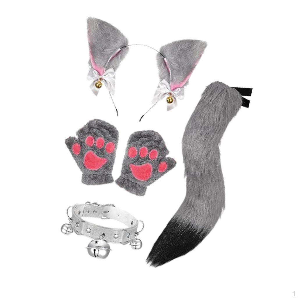 Conjunto de guantes y collar con orejas de zorro y cola para cosplay de animales para carnaval