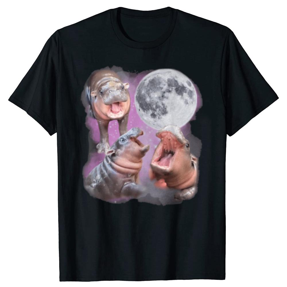 Funny Moo Deng With The Moon Graphic Tshirts Men Womens Fashion Casual Tshirt 100 Cotton Loose Oversized T Shirt