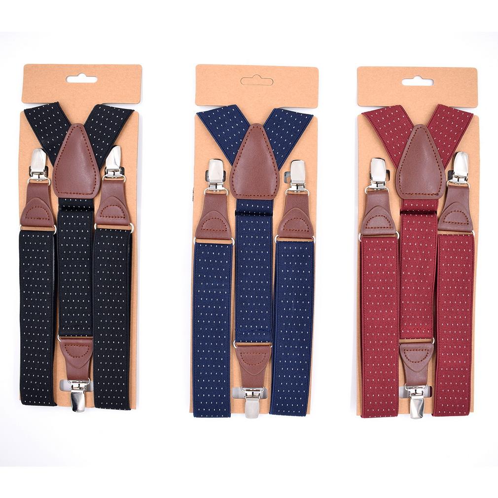 Men Elastic Y-Back Suspenders Stripe Dots Pattern 3 Clips Heavy Duty Trouser Braces