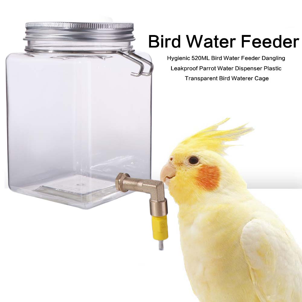 Easy To Clean 520ML Bird Water Feeder Dangling Leakproof Parrot Water Dispenser Plastic Transparent Bird Waterer for Bird Cage