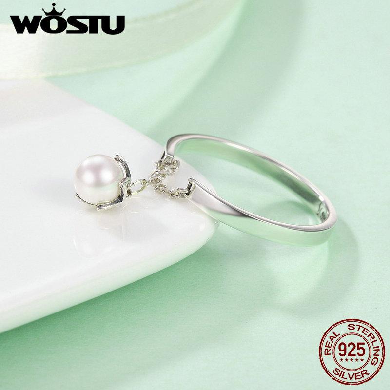 WOSTU Real 925 Sterling Silver Black White Pearl Chain Opening Rings For Women Flower Tears Link Ring Wedding Party Jewelry Gift
