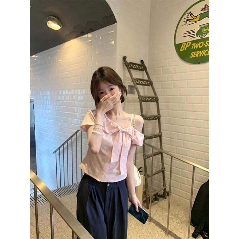 Gentle Sweet Spice Girl Slant Neck Off-Shoulder Bow Short Sleeve T-Shirt Summer Fashion High Sense Slim-fit Versatile Top Ins