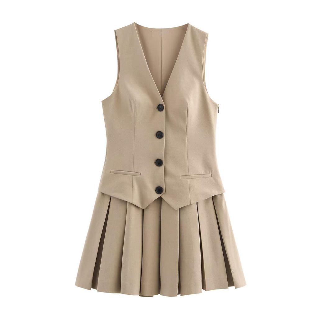 2024 Autumn Women's European & American Style Pleated Striped Vest Dress