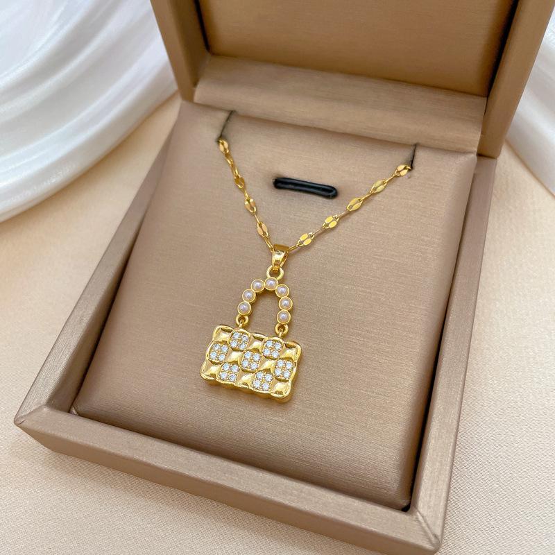 Pearl Sachet Bag Light Luxury Temperament Gorgeous Full Diamond Necklace Women'S Versatile Collarbone Chain Titanium Steel Chain