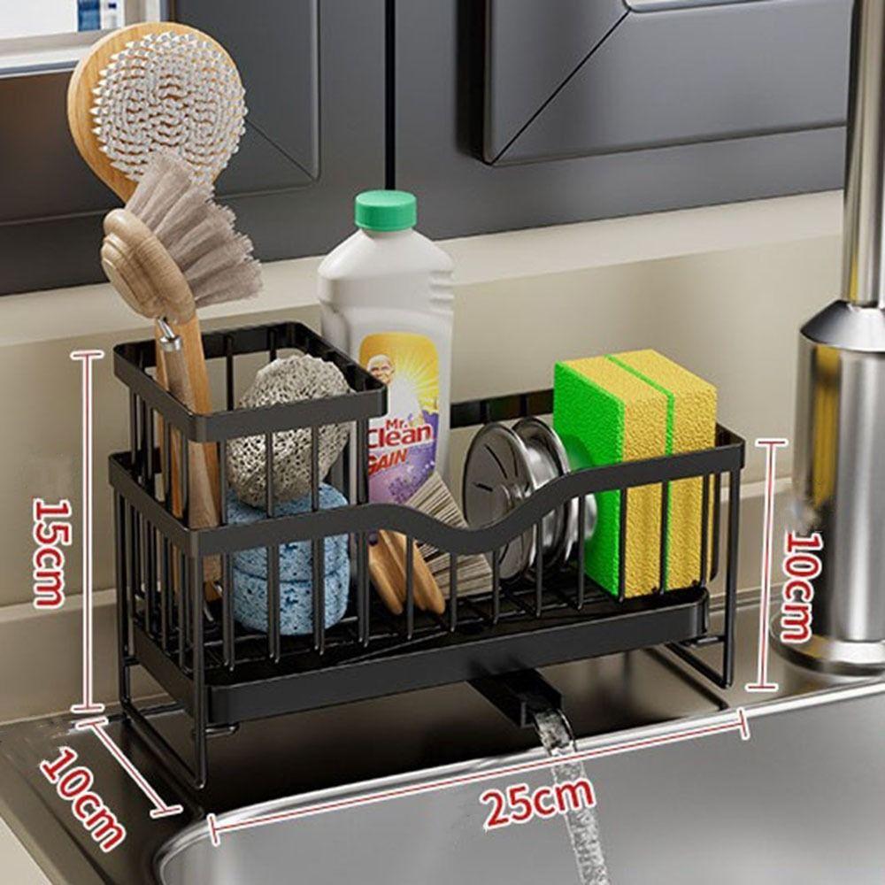 Waterproof Self-Draining Sink Shelf Black/Silver Sink Drain Rack Soap Sponge Holder Countertop