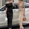 Women Party Maxi Dress Off Shoulder Pleated Backless Bandeau Solid Color Dress-up Bodycon Sheath Tight Waist Evening Dress Women Clothes