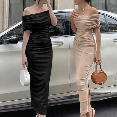 Women Party Maxi Dress Off Shoulder Pleated Backless Bandeau Solid Color Dress-up Bodycon Sheath Tight Waist Evening Dress Women Clothes