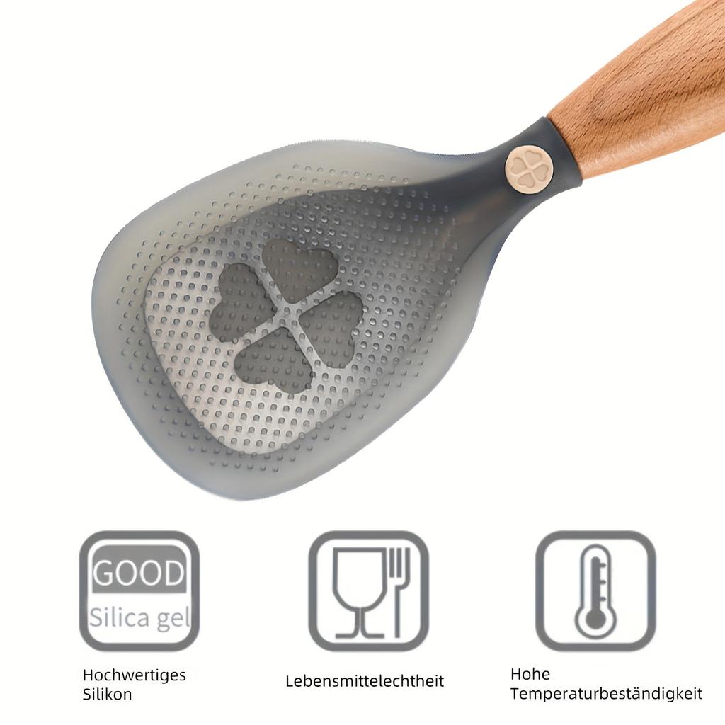 Silicone Kitchen Utensils Non Stick Spatula Pattern Soup Spoon Rice Scoop Beech Wood Handle Semi Transparent Steel Core Heat-Resistant Cooking Tool