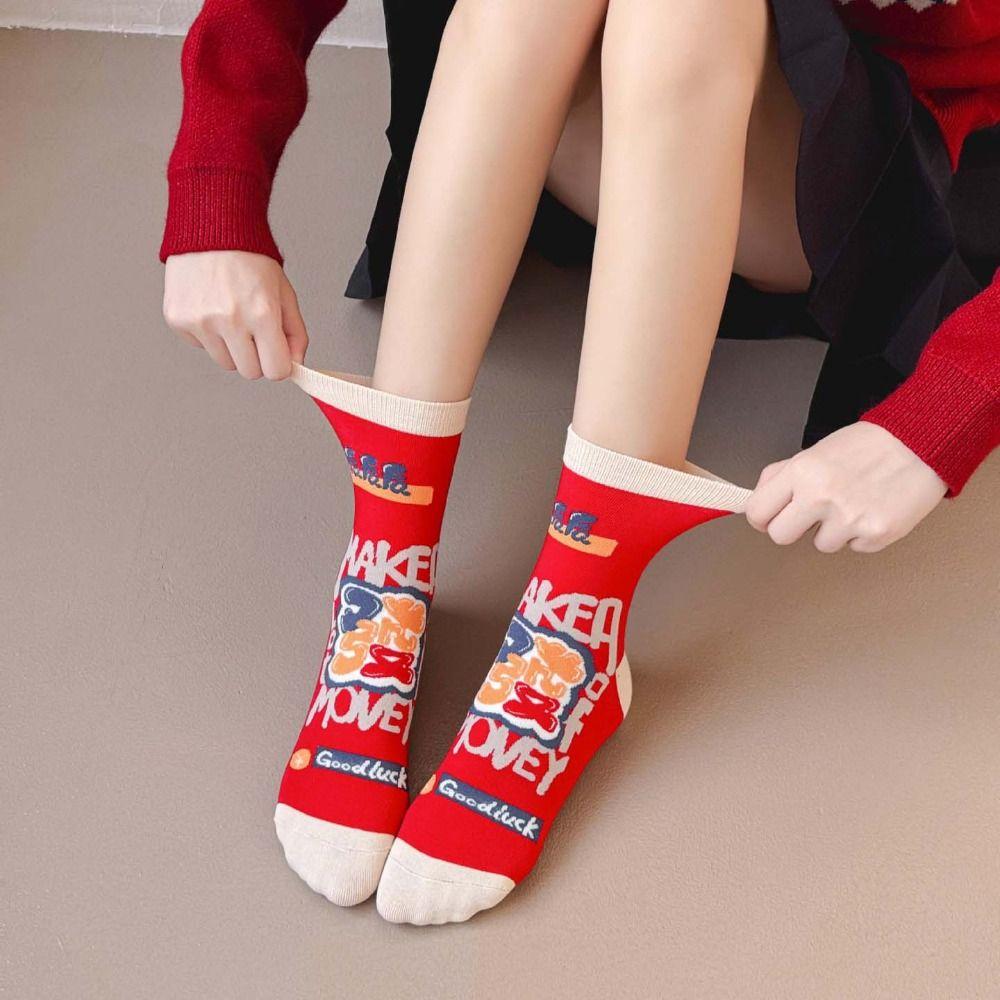 Cartoon Letter New Year Red Socks Cotton Horse Year Red Socks Good Luck Socks  Spring Festival