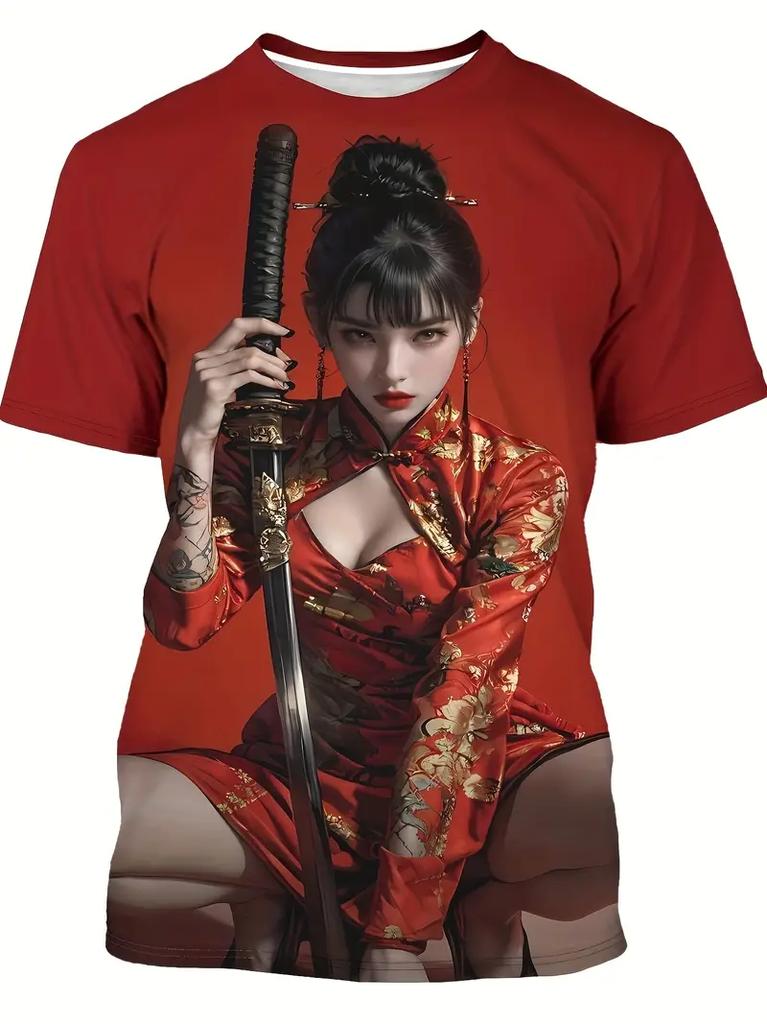 2025 Men's T-Shirt Anime Samurai Girl 3D Print t shirt Fashion Men Women Street Trend Top Japanese Korean Style Short Sleeve Tee