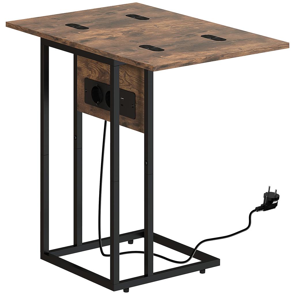 Tavolino Pieghevole, Stazione di Ricarica con Porte USB, Metallo, 39 x 29 x 57 cm, Marrone