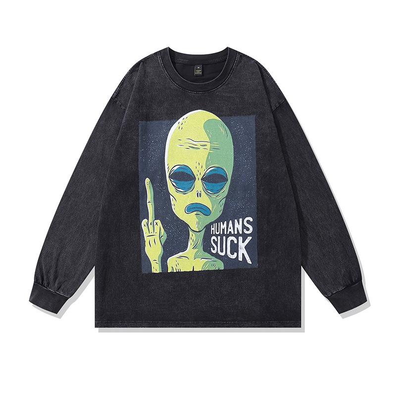 American Street Trend T-Shirt Hip Hop Spoof Printed Thin Sweater Washed Retro Trend Brand Long Sleeve T-Shirt Men And Women