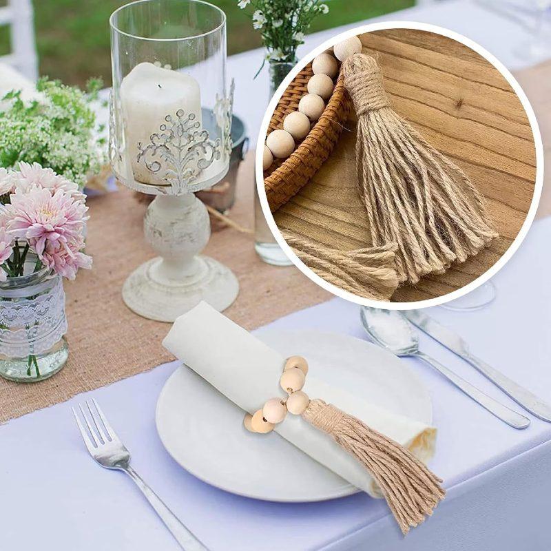 4Pcs Wood Bead Jute Tassel Napkin Ring, Natural Country Style Table Decoration Wedding, Family Farmhouse Style Napkin Clip