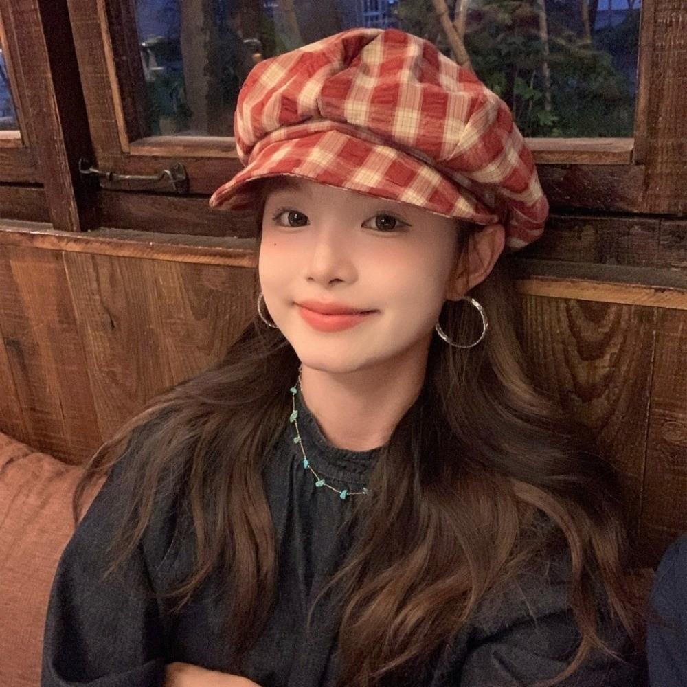 Thin Brim Plaid Beret Hat Irregular Octagonal Newsboy Peaked Hat Fashion Painter Artist Cap Travel