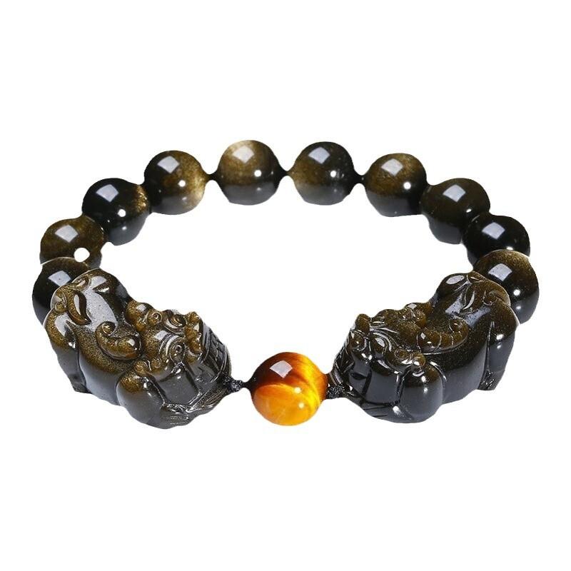 Natural Gold Obsidian Pixiu Bracelet8-16mm Men's and Women's Smooth Curved Leather Beaded Bracelet with East China Sea Crystal
